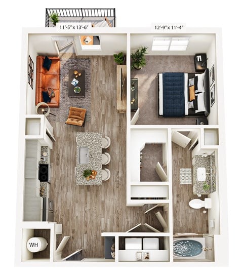 Floor plan for 1 bed, 1 bath, 750 sqft